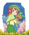 ^_^ ^o^ aono_wo brown_eyes character_request closed_eyes green_capelet green_headwear green_pants looking_at_viewer pants pokemon ponytail redhead smile tagme 