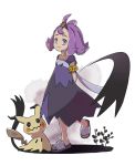  1girl :3 acerola_(pokemon) aono_wo arm_behind_back dress flipped_hair full_body gen_7_pokemon hair_ornament highres leg_up looking_at_viewer mimikyu pokemon pokemon_(game) pokemon_sm purple_dress purple_hair sandals short_sleeves violet_eyes 