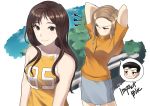 2girls annoyed arms_behind_head arms_up black_hair blonde_hair blush blush_stickers breasts brown_hair closed_mouth commentary_request initial_d long_hair looking_at_viewer looking_to_the_side multiple_girls nakazato_takeshi number rktsm satou_mako sayuki_(initial_d) shirt short_sleeves skirt sleeveless sleeveless_shirt smile standing thought_bubble 