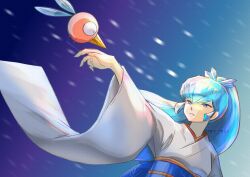  1girl absurdres animal_on_hand artist_name black_eyes blue_eyes blue_hair blue_sash commentary creature creature_on_hand highres ice_cream_cone insect_wings japanese_clothes kimono miz_mus obi oyuki_(urusei_yatsura) parted_lips ponytail sash sherbert_(urusei_yatsura) smile snowing twitter_username urusei_yatsura white_kimono wide_sleeves wings 