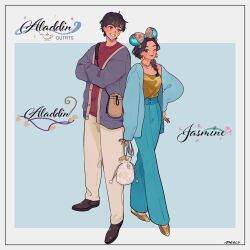  1boy 1girl aladdin_(disney) aladdin_(movie) aqua_pants black_hair breasts brown_eyes contemporary couple dark-skinned_female dark_skin disneyland earrings fashion jasmine_(disney) jewelry long_hair looking_at_viewer meecosme minnie_mouse pants pointing_out_the_details price red_shirt shirt smile solo standing very_long_hair 
