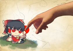  1girl 7-mirano absurdres artist_name ascot bow character_doll commentary detached_sleeves doll english_commentary fine_art_parody frilled_bow frilled_hair_tubes frills fumo_(doll) hair_bow hair_tubes hakurei_reimu highres parody real_life_insert red_bow red_eyes red_skirt ribbon_trim short_hair skirt touhou yellow_ascot 