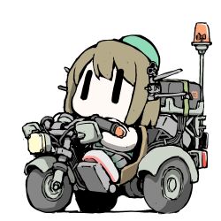  1girl alarm_siren aqua_hat beret brown_hair chibi commentary_request grey_skirt hat headgear kantai_collection maya_(kancolle) maya_kai_ni_(kancolle) mini_hat no_mouth riding_tricycle short_hair simple_background skirt solo task_(s_task80) tricycle white_background |_| 