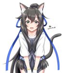  1girl animal_ear_fluff animal_ears apron black_apron black_hair cat_ears cat_tail commentary_request cowboy_shot dated hair_ribbon highres i-47_(kantai_collection) kantai_collection leaning_forward long_hair looking_at_viewer low-tied_long_hair official_alternate_costume ponytail ribbon shirt short_sleeves sidelocks signature simple_background solo standing tail tk8d32 tress_ribbon white_background white_shirt 