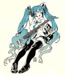  1girl :o blue_eyes blue_hair blue_nails breasts dated english_commentary guitar hatsune_miku headset high_heels highres holding holding_instrument instrument large_breasts long_hair looking_to_the_side monochrome open_mouth poch4n sitting solo spot_color thigh-highs twintails very_long_hair vocaloid 