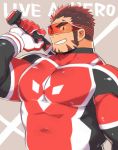  1boy akashi_(live_a_hero) bara bodysuit chest facial_hair gloves gradient_hair kuro_nezumi_inu live_a_hero male_focus manly multicolored_hair muscle red_bodysuit red_eyes redhead short_hair sideburns solo thick_eyebrows upper_body 