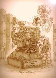  1boy 1girl 85cm85cm =_= arm_up arms_up art_(nikke) artist_name bald bear carving caterpillar_tracks chair chisel com_(nikke) computer dated face_shield from_behind goddess_of_victory:_nikke gun hair_bobbles hair_ornament hammer helmet hermin_(nikke) highres ladder long_hair mechanical_arms monochrome outstretched_arms pedestal plaque projected_inset robot sepia shirt shoes short_hair shorts shoulder_pads simple_background sitting sitting_on_robot sleeves_rolled_up smile soldier_fa_(nikke) spread_arms statue t-shirt twintails upper_body weapon 