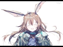  1girl :d ^_^ ahoge amiya_(arknights) animal_ears arknights ascot black_jacket black_shirt blue_ascot brown_hair closed_eyes dated dot_nose facing_viewer hair_between_eyes hands_up happy hashtag-only_commentary highres infection_monitor_(arknights) jacket jewelry letterboxed light_blush long_hair multiple_rings pppmepl rabbit_ears ring shirt sidelocks signature sleeves_past_wrists smile solo white_background 