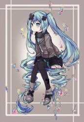  1girl aqua_eyes aqua_hair bandaid bandaid_on_leg batsu_miku black_boots black_skirt blush boots closed_mouth commentary glitch grey_jacket hair_ornament hatsune_miku highres invisible_chair jacket kowareta_sekai_to_utaenai_miku long_hair long_sleeves miniskirt pleated_skirt project_sekai ringed_eyes sitting skirt sleeves_past_wrists solo turtleneck turtleneck_jacket twintails very_long_hair vocaloid vorusan_(volver39) wide_sleeves x_hair_ornament 