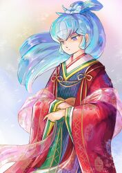  1girl absurdres alternate_costume artist_name blue_hair blue_nails closed_mouth commentary_request expressionless floating_hair floral_print floral_print_kimono flower hagoromo hair_flower hair_ornament highres japanese_clothes karaginu_mo kimono layered_kimono looking_down miz_mus oyuki_(urusei_yatsura) ponytail print_kimono red_kimono shawl solo standing twitter_username urusei_yatsura violet_eyes 