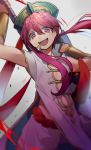  1boy absurdres arm_up bangs blurry blurry_foreground braid commentary_request cowboy_shot depth_of_field grin hair_between_eyes hair_ornament hand_up hat highres holding holding_sword holding_weapon huyuharu0214 long_hair looking_at_viewer magi_the_labyrinth_of_magic open_mouth pink_hair red_eyes redhead ren_kouha smile solo sword upper_teeth weapon 
