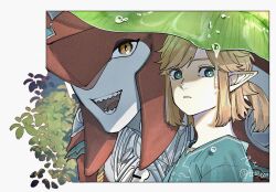  2boys blonde_hair blue_tunic colored_skin fins fish_boy hair_intakes head_fins headpiece highres jewelry leaf link long_pointy_ears looking_to_the_side male_focus multiple_boys necklace open_mouth parted_bangs parted_lips plant pointy_ears ponytail red_skin short_ponytail sideways_glance sidon signature teeth teto_ten the_legend_of_zelda the_legend_of_zelda:_breath_of_the_wild tongue tunic water water_drop zora 