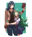  2girls alternate_costume blue_eyes blue_hair book bow braid byleth_(fire_emblem) byleth_eisner_(female) closed_mouth fire_emblem fire_emblem:_three_houses green_eyes green_hair hair_bow highres holding holding_book hug long_hair long_sleeves multiple_girls open_mouth pointy_ears ribbon_braid sakuremi short_sleeves smile sothis_(fire_emblem) twin_braids watch watch 