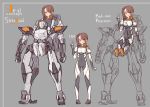  1girl bangs blush bodysuit breasts brown_hair closed_mouth covered_navel eyebrows_visible_through_hair grey_background hand_up headgear kopaka_(karda_nui) multiple_views orange_eyes original pigeon-toed robot shoe_soles side_ponytail sidelocks sitting small_breasts smile standing v white_bodysuit 