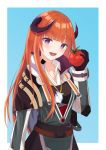  1girl :d arknights bagpipe_(arknights) bangs black_gloves blue_background border commentary_request doku-doku eyebrows_visible_through_hair food gloves hand_up head_tilt high_collar highres holding holding_food horns jacket long_hair long_sleeves looking_at_viewer open_mouth orange_hair outside_border partial_commentary smile solo tomato upper_body very_long_hair violet_eyes white_border 