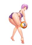  1girl ass ayane ayane_(doa) ball bangs bare_arms bare_shoulders barefoot bikini blush breasts closed_mouth dead_or_alive destiny_child from_behind full_body holding kim_hyung_tae large_breasts lips looking_at_viewer looking_back official_art purple_bikini purple_hair red_eyes shiny shiny_hair shiny_skin short_hair smile swimsuit thighs toes under_boob volleyball 