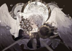  1girl 1other alternate_color black_coat black_jacket black_pants black_shirt bridal_veil brown_background clock_hair_ornament clock_print closed_eyes coat collared_shirt dante_(limbus_company) dress everlasting_(e.g.o) faust_(project_moon) full_body gear_hair_ornament gears gloves highres holding holding_weapon jacket limbus_company looking_at_another necktie pants penniky0119 project_moon shirt short_hair veil weapon wedding_dress white_dress white_gloves white_hair white_veil yellow_necktie 