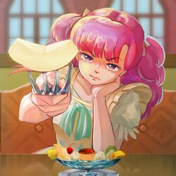  1girl apple apple_slice apron artist_name bow cherry commentary_request couch cup dessert dress food fork frilled_apron frills fruit glass green_bow green_dress hair_bow hand_up head_rest highres holding holding_fork incoming_food indoors kiwi_(fruit) kiwi_slice long_hair looking_at_viewer miz_mus parted_lips pink_eyes pink_hair pudding puffy_short_sleeves puffy_sleeves ran_(urusei_yatsura) reflection reflective_table scowl short_sleeves sitting solo table twitter_username urusei_yatsura v-shaped_eyebrows whipped_cream white_bow window yellow_apron 
