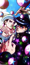  2boys absurdres anchor_ornament black_coat black_hair blue_eyes blue_hair blurry bubble coat collarbone depth_of_field diamond_wa_kudakenai dixie_cup_hat earrings gakuran green_lips hat higashikata_josuke higashikata_josuke_(jojolion) high_collar highres jewelry jojo_no_kimyou_na_bouken jojolion looking_at_viewer makeup male_focus military_hat multiple_boys noonvincent parted_lips peace_symbol pointing pointing_at_self pompadour sailor sailor_collar school_uniform shirt star_(symbol) star_print stud_earrings teeth violet_eyes white_hat white_sailor_collar white_shirt 