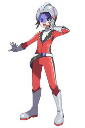  1boy :o asatsuki_(fgfff) belt boots bright_pupils brown_eyes commentary_request full_body gloves grey_boots grey_helmet hand_up helmet highres jumpsuit knees nate_(pokemon) open_mouth outstretched_arm pokemon pokemon_bw2 red_jumpsuit scrape shirt solo spread_fingers standing teeth tongue white_belt white_pupils 
