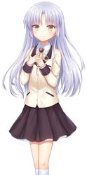  1girl angel_beats! beige_jacket black_skirt blazer hands_on_own_face highres jacket kneehighs long_hair nakamura_hinato pleated_skirt school_uniform silver_hair simple_background skirt smile solo tachibana_kanade underskirt white_background white_legwear yellow_eyes 