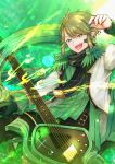  1boy :d belt black_neckwear cole_clarks gloves green_background green_eyes green_gloves green_hair highres instrument jacket long_sleeves male_focus multicolored_hair music nekogu_rui open_mouth pixiv_fantasia pixiv_fantasia_age_of_starlight playing_instrument plectrum pointy_ears single_glove smile solo streaked_hair 