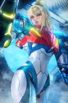  1girl arm_cannon ayya_sap fog formal looking_at_viewer metroid metroid_dread mole mole_under_mouth parted_lips ponytail power_armor samus_aran smile solo suit weapon 