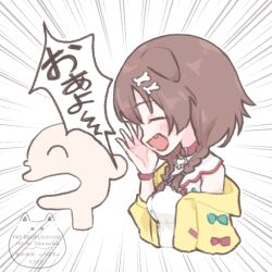  1girl amari_(ama_shiiiiiiba) animal_collar animal_ears belt_collar bone_hair_ornament braid brown_hair buttons closed_eyes collar commentary_request cropped_torso dog_ears dress emphasis_lines fang hair_ornament hairclip hololive inugami_korone inugami_korone_(1st_costume) jacket listener_(inugami_korone) long_hair low_twin_braids low_twintails off_shoulder open_clothes open_jacket red_collar shouting single_bare_shoulder sleeveless sleeveless_dress solo twin_braids twintails virtual_youtuber whispering_in_ear white_dress yellow_jacket 