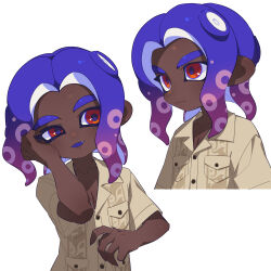  1boy absurdres breast_pocket brown_shirt closed_mouth collared_shirt colored_tongue dark-skinned_male dark_skin dress_shirt fang highres male_focus medium_hair multicolored_eyes multiple_views octoling octoling_boy octoling_player_character open_mouth parted_bangs pocket purple_hair purple_pupils purple_tongue red_eyes shirt simple_background smile splatoon_(series) splatoon_3 surume01417 tentacle_hair thick_eyebrows two-tone_eyes violet_eyes white_background 