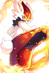  bright_pupils cinderace commentary_request fire from_below furry highres leg_up looking_down open_mouth orange_eyes pokemon pokemon_(creature) pokemon_focus rumine_(yoshi1234567) solo teeth upper_teeth_only white_background white_pupils 
