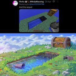  above_clouds benii21 blue_sky bucket clouds commentary english_commentary english_text failure flower grass highres minecraft no_humans obsidian_rock red_flower reference_inset rock sky skyblock treasure_chest water 