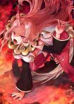  1girl :p all_fours breasts detached_sleeves glint gold_trim highres horns instrument long_hair lyre nekogu_rui pink_hair pixiv_fantasia pixiv_fantasia_age_of_starlight pointy_ears red_background red_eyes red_nails single_horn solo tail tongue tongue_out 