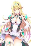  1girl blonde_hair breasts close-up daive elbow_gloves gloves highres large_breasts mythra_(xenoblade) panties pantyshot skindentation sword thigh-highs underwear weapon xenoblade_chronicles_(series) xenoblade_chronicles_2 yellow_eyes 