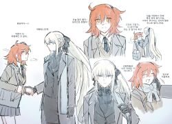  2girls black_bow black_gloves blue_eyes blush bow closed_eyes fate/grand_order fate_(series) fujimaru_ritsuka_(female) gloves hair_bow highres long_hair morgan_le_fay_(fate) multiple_girls orange_eyes orange_hair ponytail short_hair simple_background smile white_hair xs0z05wxzb52697 