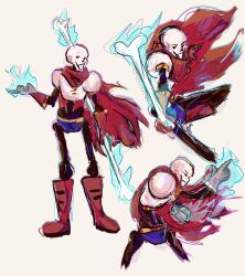  1boy 2025 2d absurdres amorthlen armor blue_shorts bone boots cape digital_media fighting_stance full_body gloves highres holding holding_bone huge_filesize humanoid large_filesize magic male male_focus male_only monster monster_boy multiple_views papyrus_(undertale) red_boots red_cape red_gloves red_scarf scarf shorts simple_background skeleton sketch solo teeth undead undertale utdr_(toby_fox) white_armor white_background 