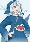  1girl artist_request bangs blue_eyes blue_hair blue_hoodie blush gawr_gura highres hololive hololive_english hood long_sleeves looking_at_viewer multicolored_hair open_mouth shark_costume shark_girl shark_hair_ornament shark_hood shark_print shark_tail sharp_teeth smile solo streaked_hair tail teeth virtual_youtuber white_hair 