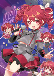  &gt;_&lt; 4girls ahoge alternate_costume belt black_belt black_shirt black_skirt black_sleeve_cuffs black_sleeves black_thighhighs blush bow bowtie buttons chibi collared_shirt detached_sleeves diagonal-striped_bow diagonal-striped_bowtie diagonal-striped_clothes double-breasted drill_hair fingernails grey_jacket grey_skirt guitar hair_between_eyes hair_bow hair_ribbon hand_up hands_up highres holding holding_guitar holding_instrument instrument jacket kasane_teto kasane_teto_(sv) kasane_teto_(utau) layered_skirt layered_sleeves leg_up long_sleeves microphone multiple_girls multiple_persona musical_staff musical_staff_print narushima_(sugar_star) no_fingers open_mouth pink_bow pink_jacket pleated_skirt purple_background red_hair red_nails red_skirt red_trim ribbon shirt shoulder_belt skirt skirt_set standing standing_on_one_leg striped_clothes striped_jacket striped_skirt synthesizer_v teeth thigh-highs twin_drills twintails upper_teeth_only utau white_bow white_ribbon 