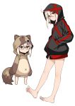  2girls ahoge animal_ears artoria_pendragon_(all) blonde_hair blush_stickers chibi commentary_request dual_persona eyebrows_visible_through_hair fate/grand_order fate_(series) glasses hair_between_eyes hands_in_pockets hood hoodie multiple_girls mysterious_heroine_x_(alter) namonashi raccoon_costume raccoon_ears raccoon_tail semi-rimless_eyewear smile tail yellow_eyes 