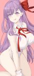  1girl absurdres bare_shoulders bb_(fate)_(all) bb_(fate/extra_ccc) blush breasts fate/grand_order fate_(series) gloves highres large_breasts leotard licking long_hair neck_ribbon o-los popped_collar purple_hair red_ribbon ribbon smile solo tongue tongue_out very_long_hair violet_eyes white_gloves white_leotard 