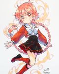  1girl artist_name braid clenched_hand fire floating highres ibi_chuan long_hair looking_at_viewer magic_knight_rayearth open_hand red_eyes redhead school_uniform serafuku shidou_hikaru solo spanish_commentary 