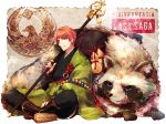  1boy animal black_footwear boots copyright_name crossed_ankles green_eyes green_kimono japanese_clothes kimono male_focus momiage monk o-ring orange_hair pixiv_fantasia pixiv_fantasia_last_saga print_kimono sitting smile staff tanuki urushihara_gido 