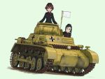  2girls akaboshi_koume black_eyes black_hair blue_eyes brown_hair caterpillar_tracks commentary_request emblem flag fuzuki_hajime girls_und_panzer glasses green_background ground_vehicle hat kuromorimine_(emblem) kuromorimine_military_uniform military military_hat military_vehicle motor_vehicle multiple_girls panzerkampfwagen_i sangou_(girls_und_panzer) short_hair smile tank white_flag 