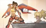  2girls abs alternate_costume arm_behind_head armor barefoot bathing bathtub black_hair blonde_hair breasts brown_eyes dark_skin english_text eye_of_horus facial_tattoo hair_tubes i&#039;m_not_at_the_beach_this_is_a_bathtub knee_pads life_vest lifeguard lifeguard_pharah mechanical_wings medium_breasts mercy_(overwatch) multiple_girls overwatch partially_submerged pauldrons ponytail psuede shoulder_armor sidelocks soap_bubbles subtitled sweatdrop swimsuit tankini tattoo thrusters toned upper_teeth whistle whistle_around_neck wings yuri 