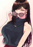  1girl bangs bare_shoulders black_hair blue_nails breasts earrings eyeliner grin highres jewelry looking_at_viewer makeup mole mole_under_eye necktie original red_eyes sleeveless smile solo sunglasses takocha 