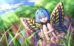  1girl :d absurdres antennae arm_around_leg bare_legs blue_hair blurry bright_pupils butterfly_wings clouds commentary_request day depth_of_field dress dutch_angle eternity_larva eyebrows_visible_through_hair eyes_visible_through_hair flower grass green_skirt hair_between_eyes hair_ornament happy highres holding_legs leaf_hair_ornament light_rays multicolored multicolored_clothes multicolored_dress open_mouth orange_eyes reaching short_hair signature skirt sky smile squatting sunlight symbol_commentary touhou tree wings yu_cha 