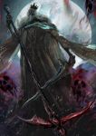  1boy beard black_robe bloodborne cloak crown dual_wielding facial_hair full_body full_moon grey_hair highres holding holding_scythe holding_sword holding_weapon jewelry long_hair looking_at_viewer magic male_focus martyr_logarius moon mrpk night outdoors pendant robe scythe skull solo standing sword weapon 