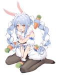  1girl :d animal_ear_fluff animal_ears bare_shoulders black_gloves black_legwear blush braid breasts carrot carrot_hair_ornament detached_sleeves don-chan_(usada_pekora) eyebrows eyebrows_visible_through_hair food_themed_hair_ornament fur_trim gloves hair_ornament hololive looking_at_viewer mamemena medium_breasts multicolored_hair no_shoes open_mouth pantyhose playboy_bunny rabbit_girl red_eyes simple_background sitting sleeves smile solo teeth thick_eyebrows twin_braids usada_pekora virtual_youtuber wariza 