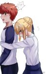  1boy 1girl artoria_pendragon_(all) blonde_hair blue_skirt blush emiya_shirou fate/stay_night fate_(series) green_eyes highres hug hug_from_behind orange_eyes raglan_sleeves redhead saber shirt sii_artatm skirt sweatdrop white_background white_shirt 