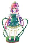  1girl bangs bare_shoulders blush bow breasts brown_hair chocolat_(momoiro_piano) commentary_request detached_sleeves dress eyebrows_visible_through_hair flower full_body green_dress green_eyes green_flower green_rose hair_between_eyes hair_bow hair_flower hair_ornament hand_on_hip long_hair original parted_lips plant puffy_short_sleeves puffy_sleeves purple_footwear rose see-through shoes short_sleeves simple_background small_breasts solo standing strapless strapless_dress striped_sleeves thorns very_long_hair vines white_background white_bow white_flower white_sleeves 