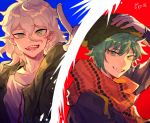  2boys :d beanie blue_background crazy_eyes dangan_ronpa eyebrows_visible_through_hair hair_between_eyes hat hiyori_sou kimi_ga_shine komaeda_nagito look-alike messy_hair multiple_boys nocolour open_mouth pointing red_background red_scarf scarf shirt short_hair smile smug spoilers super_dangan_ronpa_2 trait_connection two-tone_background upper_body white_hair white_shirt 